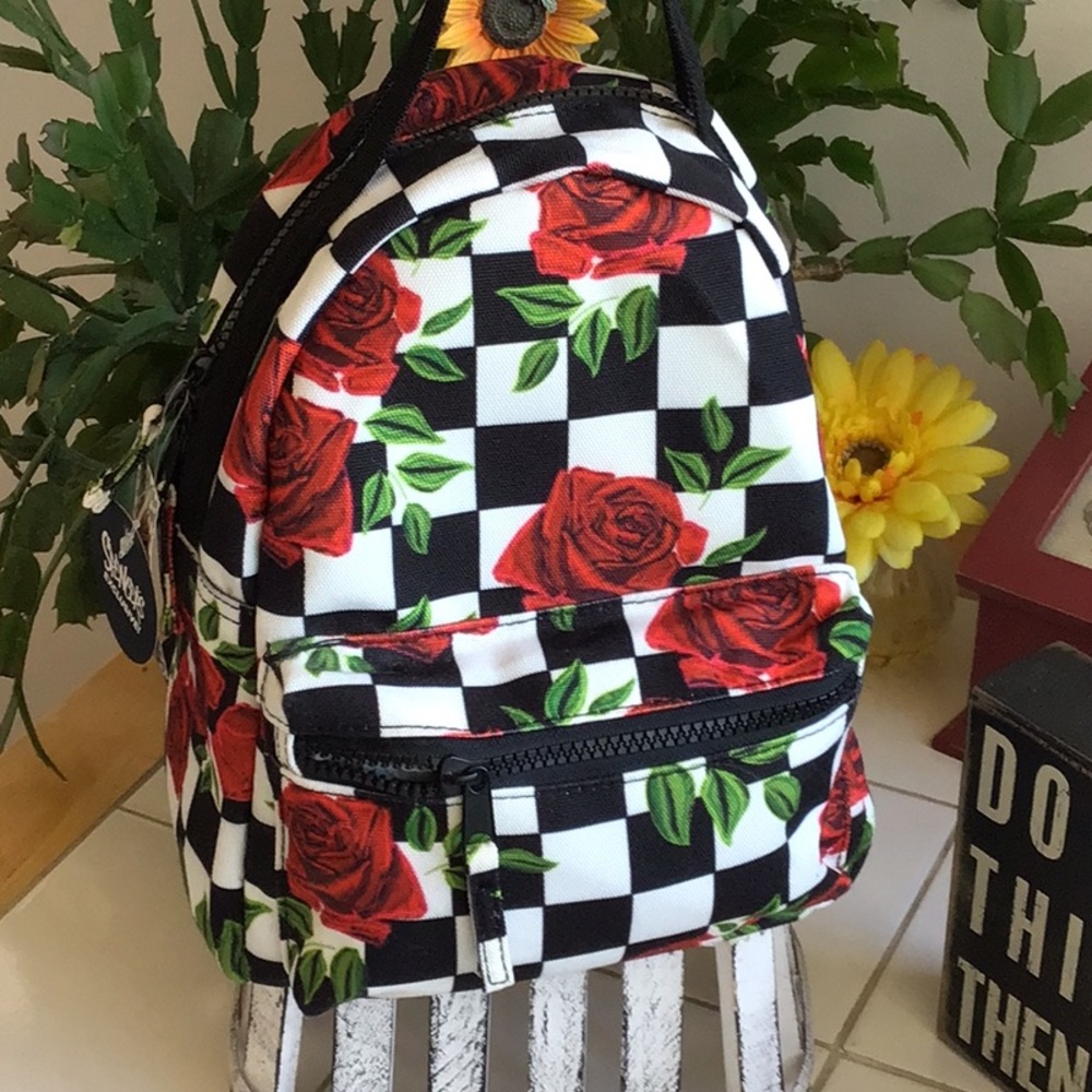 ‘Spencer’s’ Floral Roses/Checkerboard Mini Backpack NWT - Picture 2 of 9